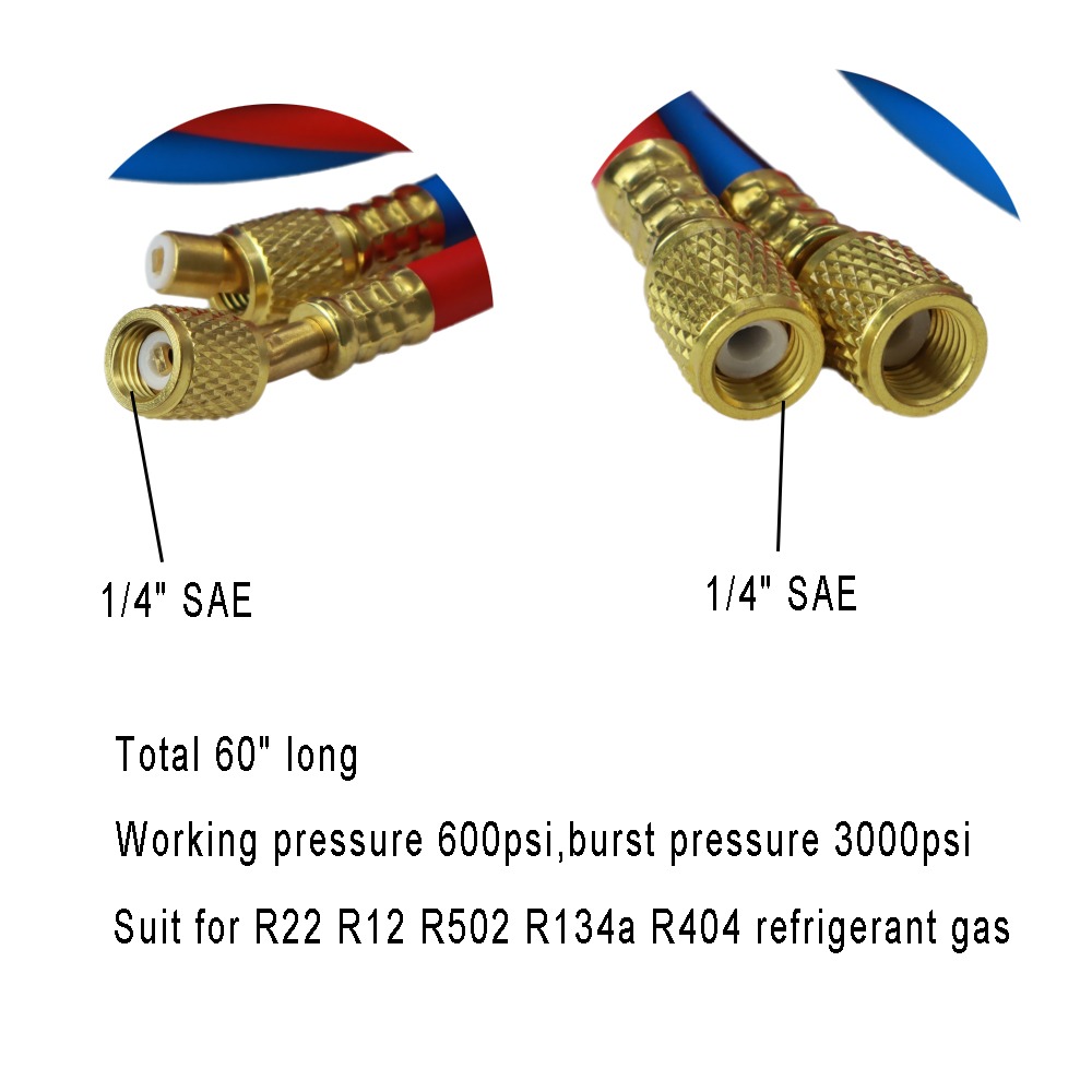 R22 R134a Red Blue 1/4" 1/4" SAE AC Charging Hoses 60" Long,Pack of 2
