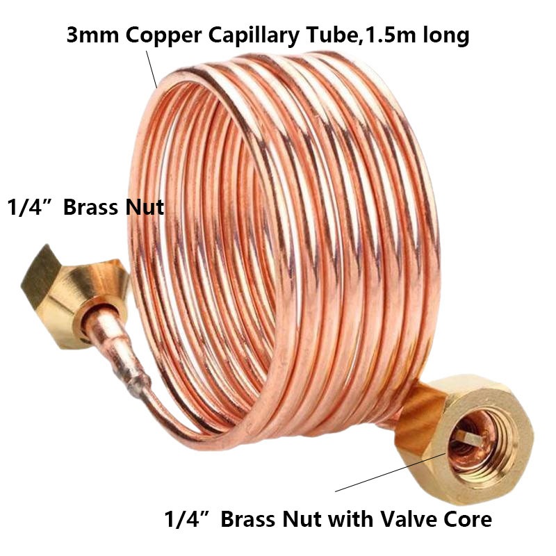 3mm Copper Capillary Tube with Flare Nuts, 1.5m Long With Valve Core